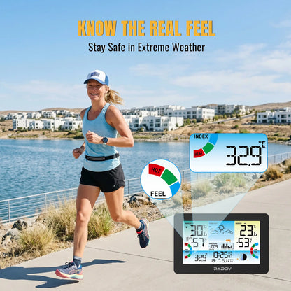 Raddy HW75 Weather Station | 7.5" Large Color Display | Wireless Indoor Outdoor | Temp & Humidity Monitor | Barometric Pressure | Atomic Clock | Heat Index & Dew Point
