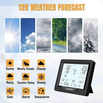 Raddy MN6 Lite Weather Station | 5-in-1 Wireless Indoor Outdoor Thermometer | Barometric Pressure | DCF Atomic Clock | Weather Forecast