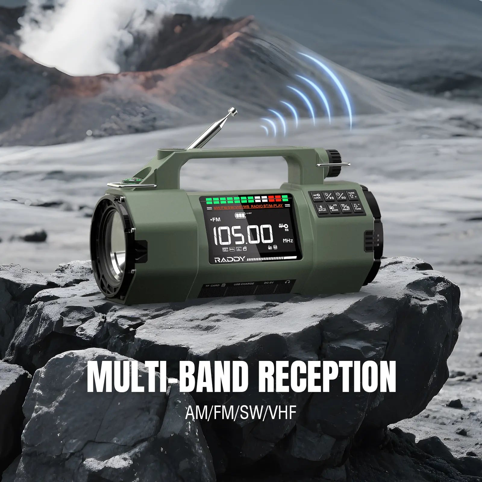Green Raddy SH-907 Emergency Radio on a rocky surface with a mountain and volcano in the background, featuring text about multi-band reception.