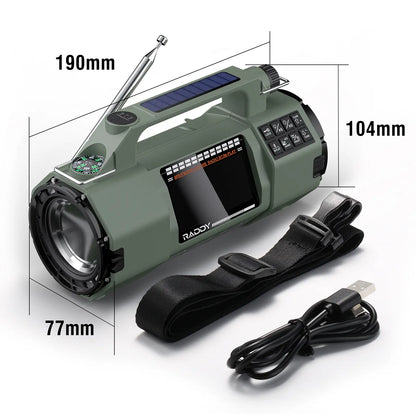 Green Raddy SH-907 Emergency Radio with solar panel, USB cable, and strap on a white background