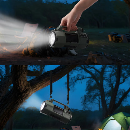 Hand holding a flashlight in a forest setting with a split view showing the light beam and the Raddy SH-907 Emergency Radio itself.
