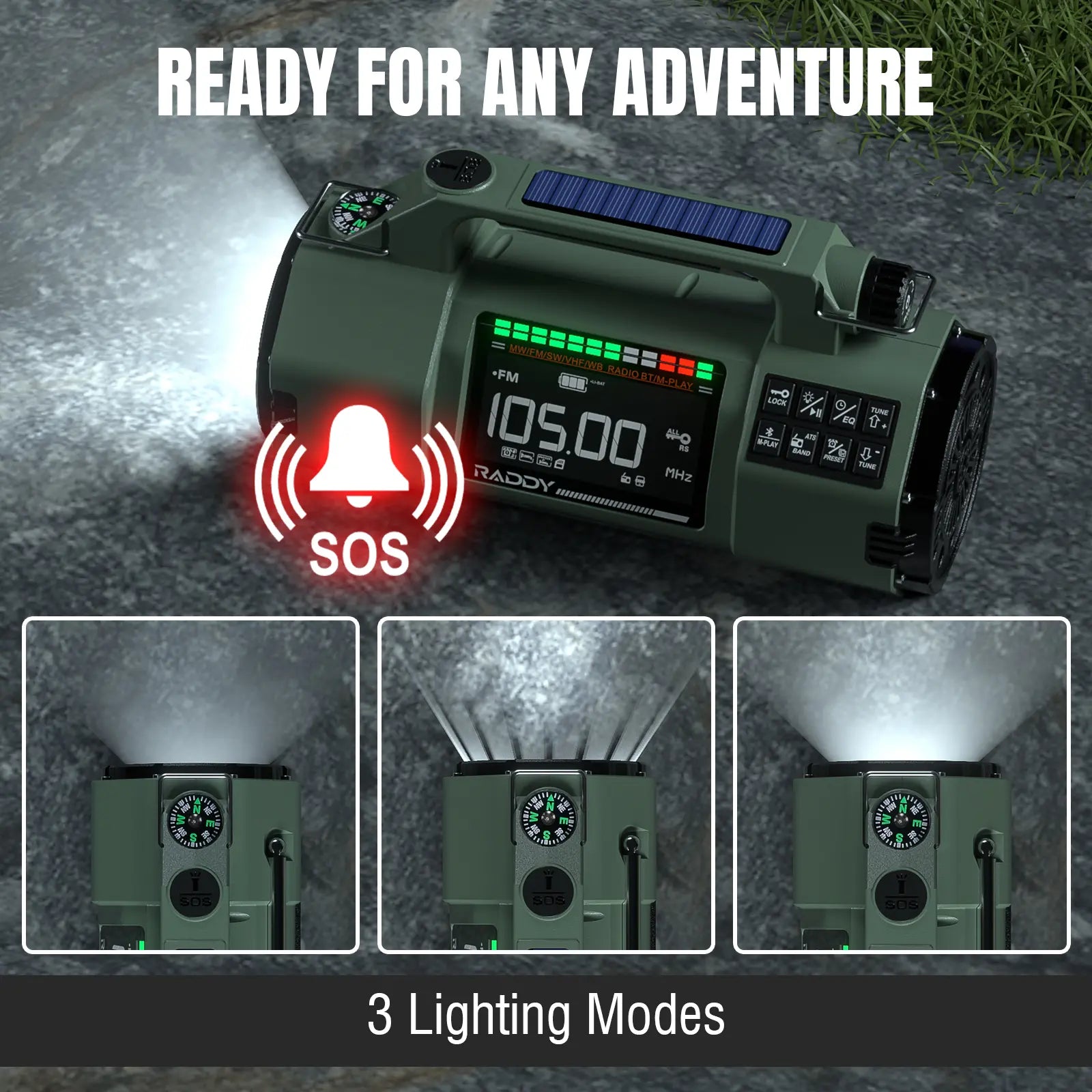 Green Raddy SH-907 Emergency Radio with digital display and SOS indicator on a dark background
