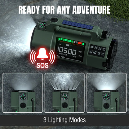 Green Raddy SH-907 Emergency Radio with digital display and SOS indicator on a dark background