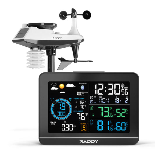 Raddy UV6 Professional Weather Station with digital display and solar panel on a white background