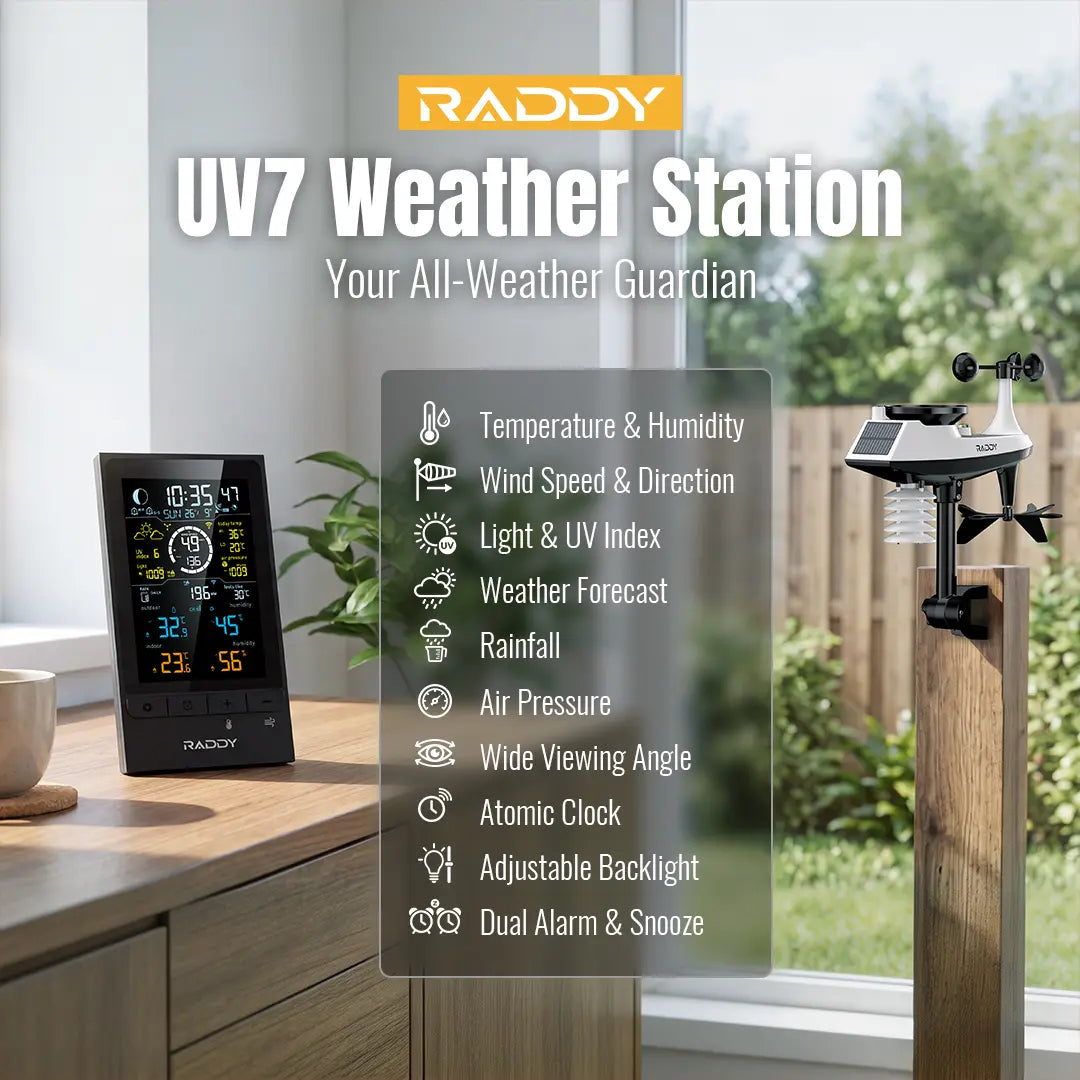 Raddy UV7 Weather Station shown in a home setting with a digital display on a wooden counter and a separate weather sensor on a post outside, with feature callouts overlaid.