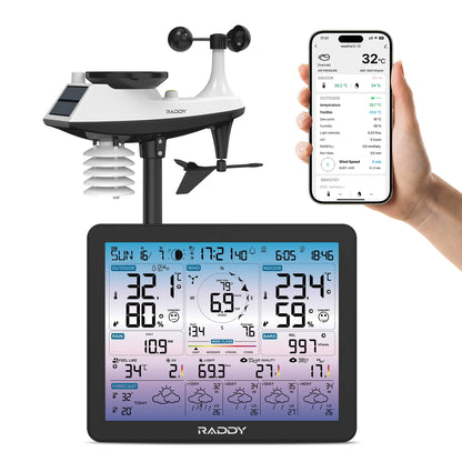 Raddy VP7 APP Weather Station | 7-in-1 Outdoor Sensor | Tuya App Control & 5-Day Forecast | Rain Gauge & Wind Speed | Barometer & UV Index | 330ft Range