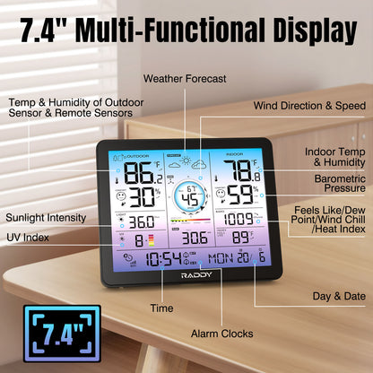 Raddy VP7 Wi-Fi Weather Station | 15-in-1  Display | 7.4'' Digital Color Display | WI-FI Indoor Outdoor  | Weather Forecast