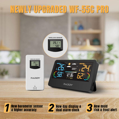 Raddy WF-55C Pro Weather Station | Wireless Thermometer Hygrometer | Barometer | Weather Forecast | Mold Risk Alert - Radioddity