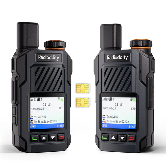 Two Radioddity devices with screens and SIM card slots on a white background