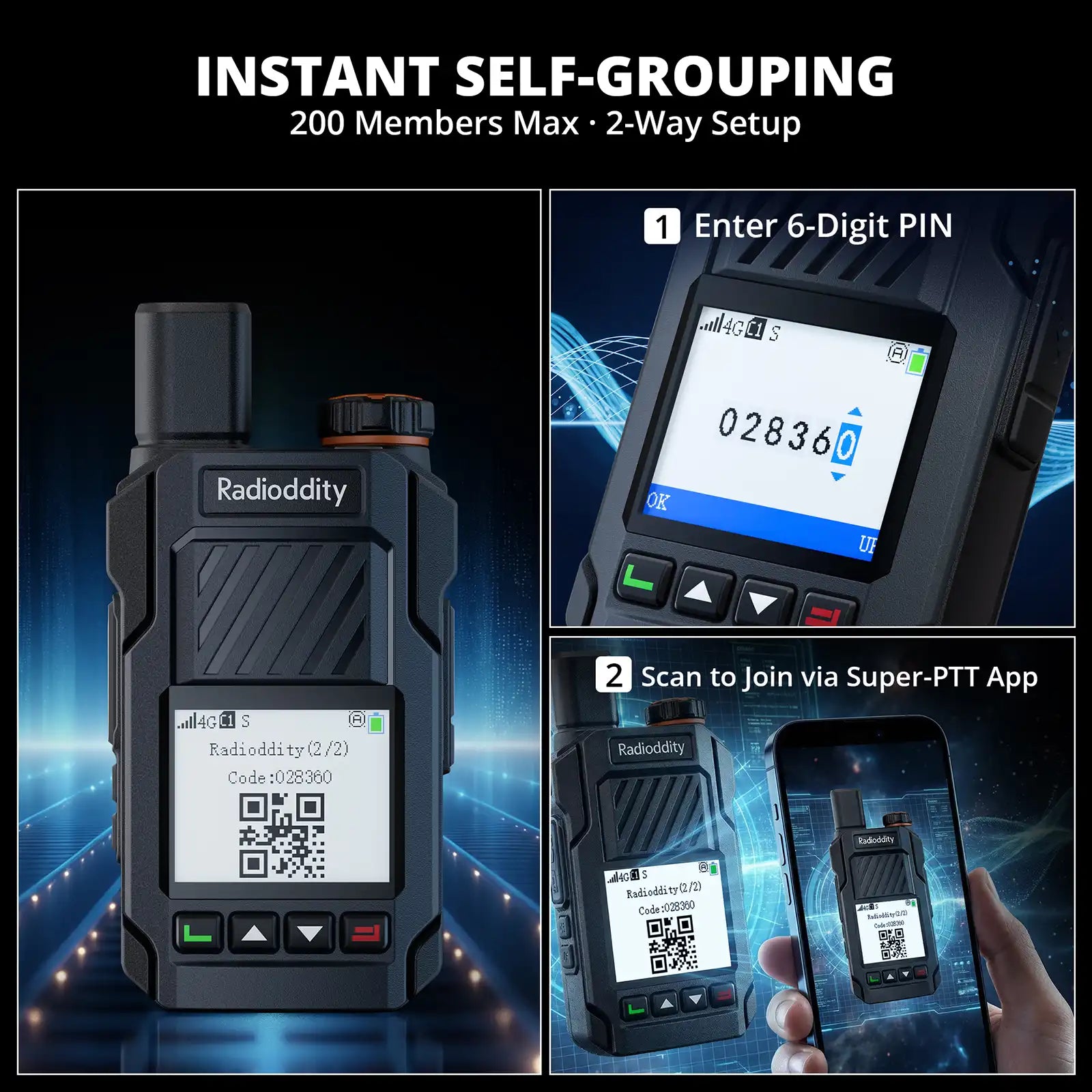 Radioddity walkie-talkie with digital display and QR code scanning feature, set against a dark background with blue light effects.