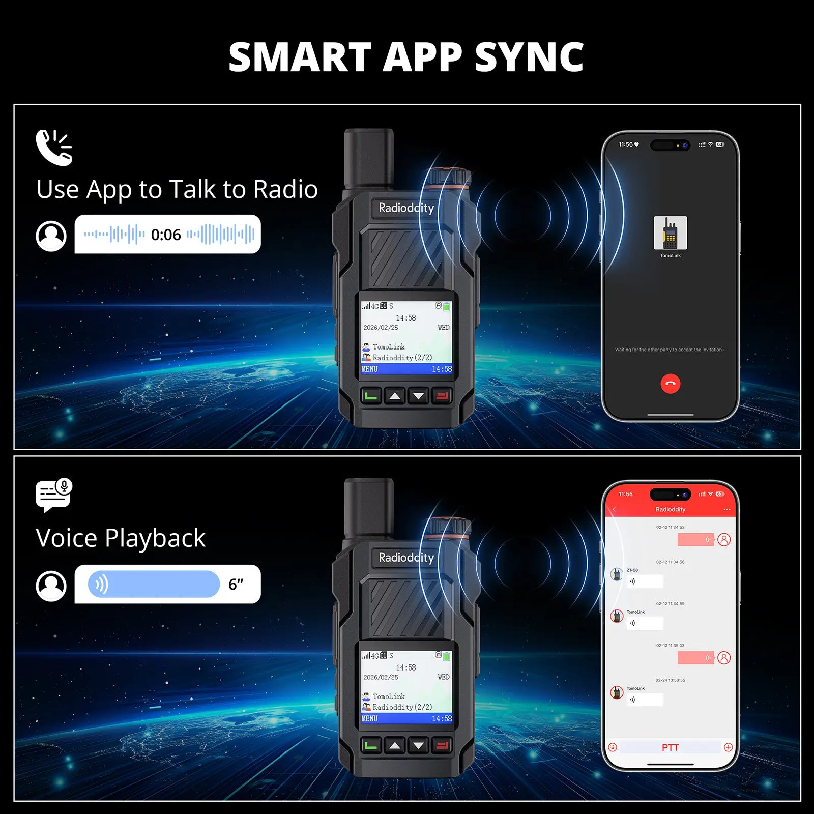 Smart app sync feature of a radio device with smartphone interface on a space-themed background