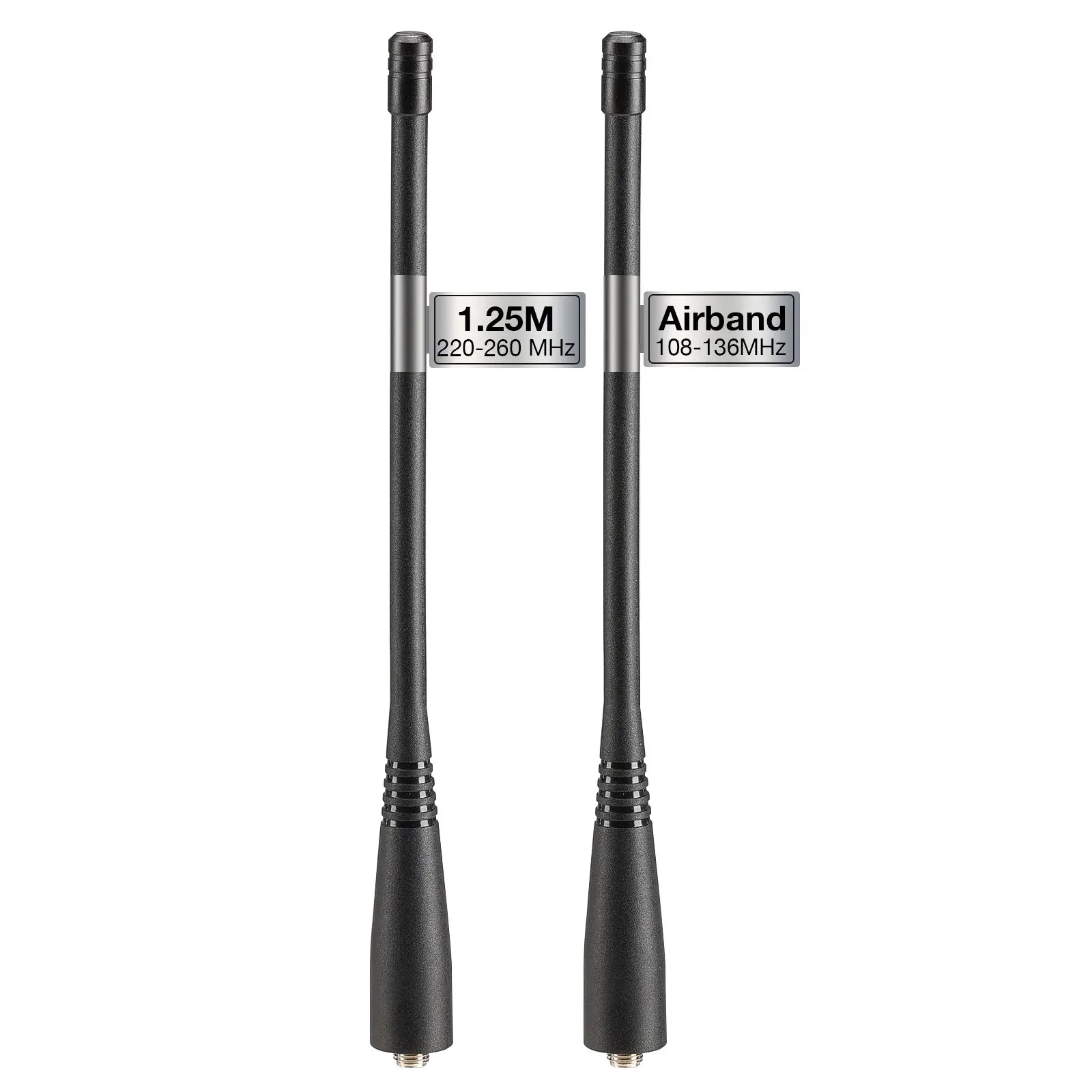 Two black antennas with labeled frequency ranges on a white background