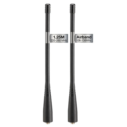 Two black antennas with labeled frequency ranges on a white background