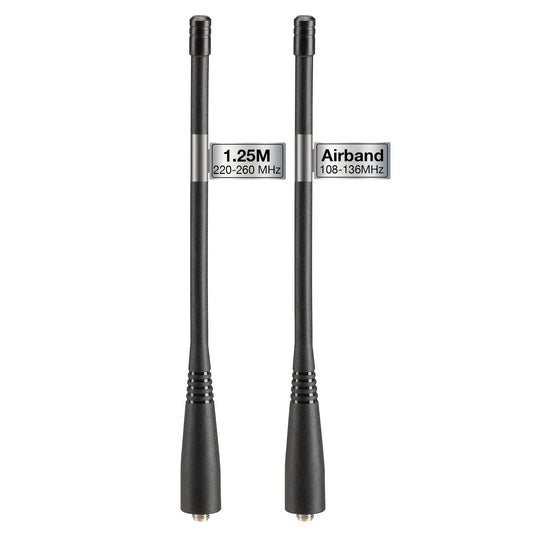 Two black antennas with labeled frequency ranges on a white background