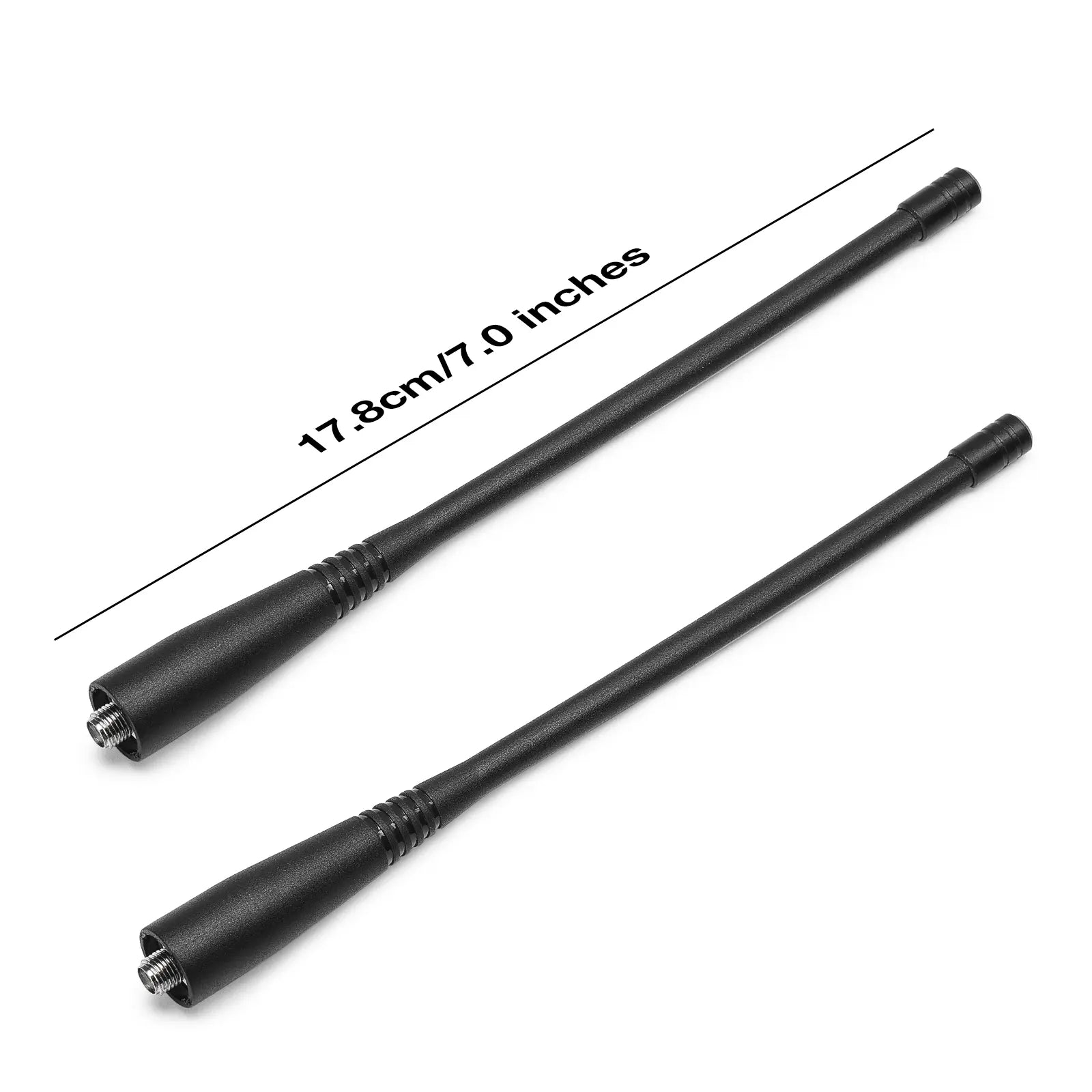 Two black antennas with measurement text on a white background