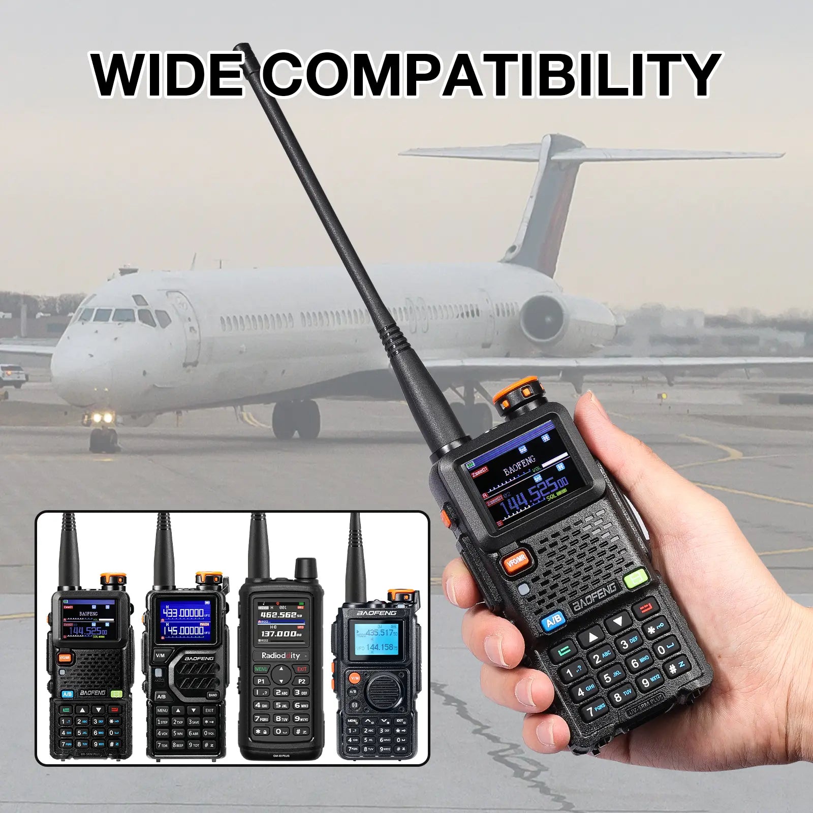 Handheld walkie-talkie with airplane in the background and 'Wide Compatibility' text.