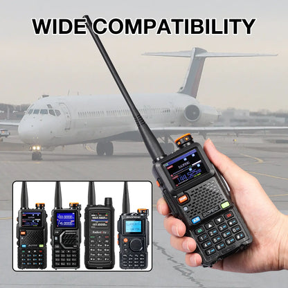 Handheld walkie-talkie with airplane in the background and 'Wide Compatibility' text.