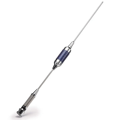 A long metal rod antenna Radioddity CB-101 with a textured silver spring on one end, a dark blue cylindrical middle section, and a polished silver tip on the other, shown on a white background.