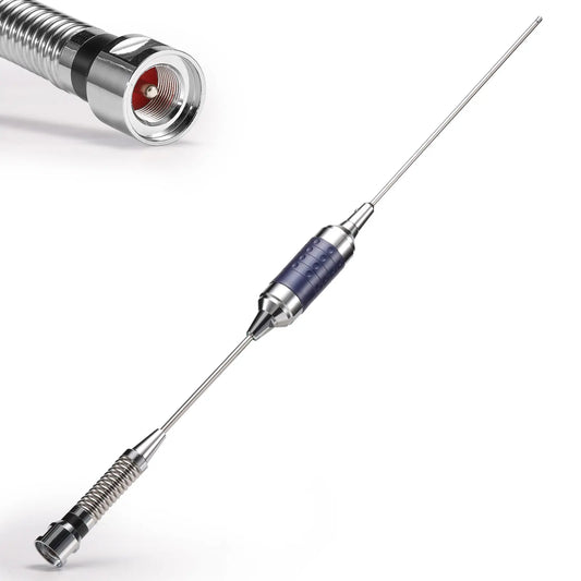 A long metal Radioddity CB-101 antenna with a dark blue center section, shown on a white background with a close-up inset of one end connector.
