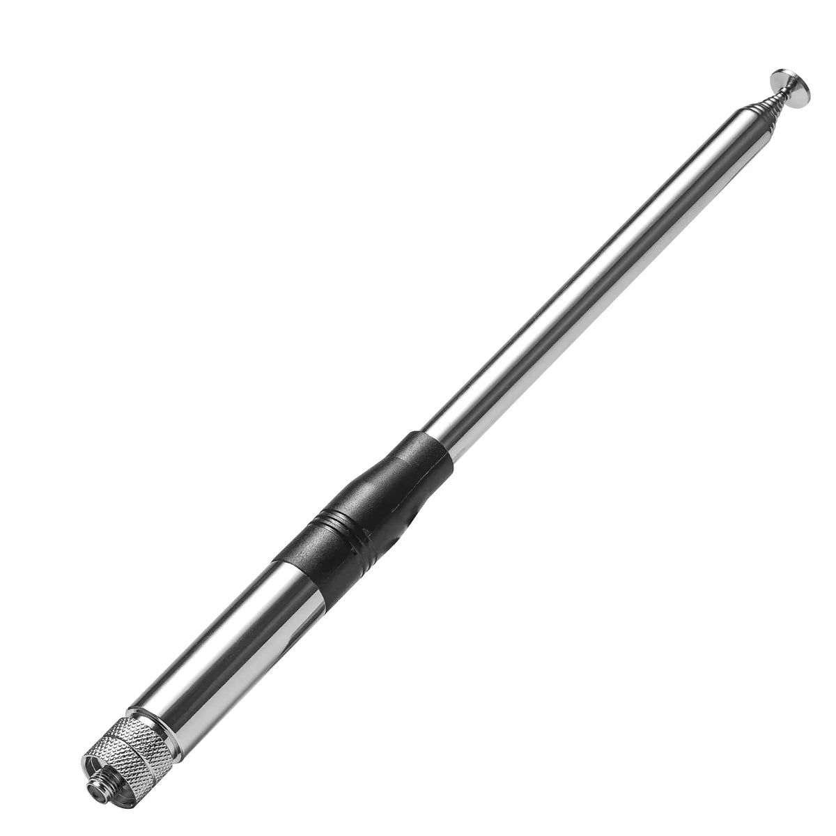 A metallic silver Radioddity CB-102 Telescopic Antenna with a black grip section, shown diagonally on a plain white background.