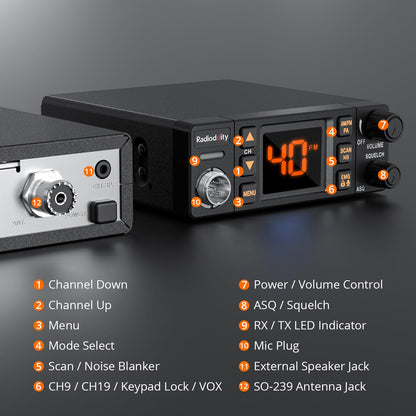 Radioddity CB-606 / CB-606 Pro CB Radio | 4W | AM/FM/PA | 2.2’’ LCD Display | Instant Channel 9/19 | NB/ASQ/SQ | 40 Channels