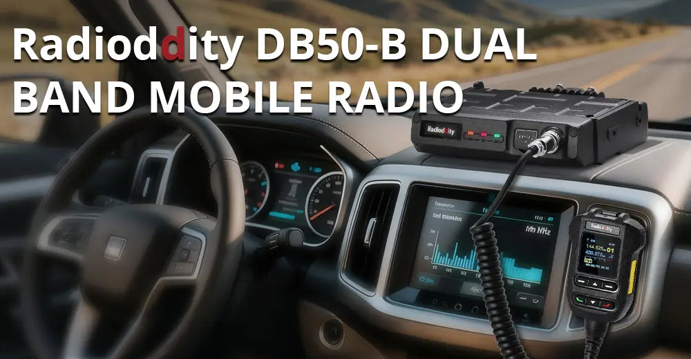 Radioddity DB50-B Dual Band Mobile Radio in a car dashboard with text overlay.