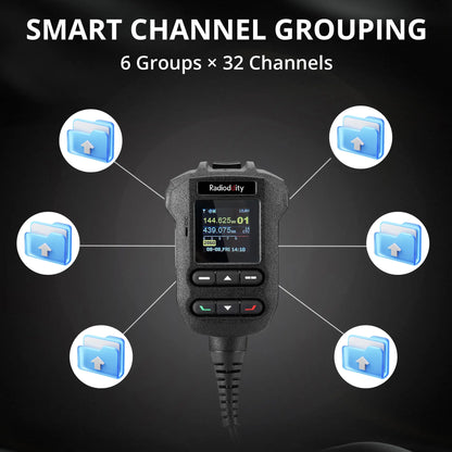 Radioddity DB50-B radio walkie-talkie with smart channel grouping feature on a dark background