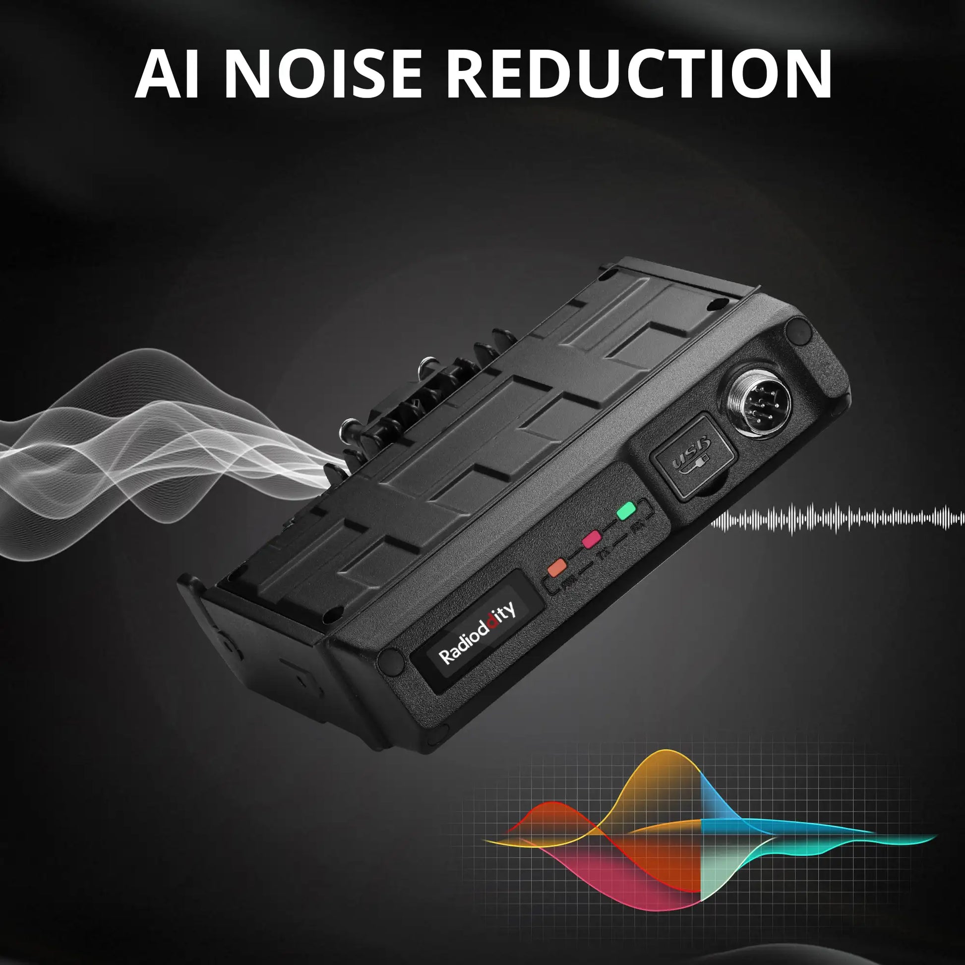 Black audio interface with 'AI Noise Reduction' text on a dark background