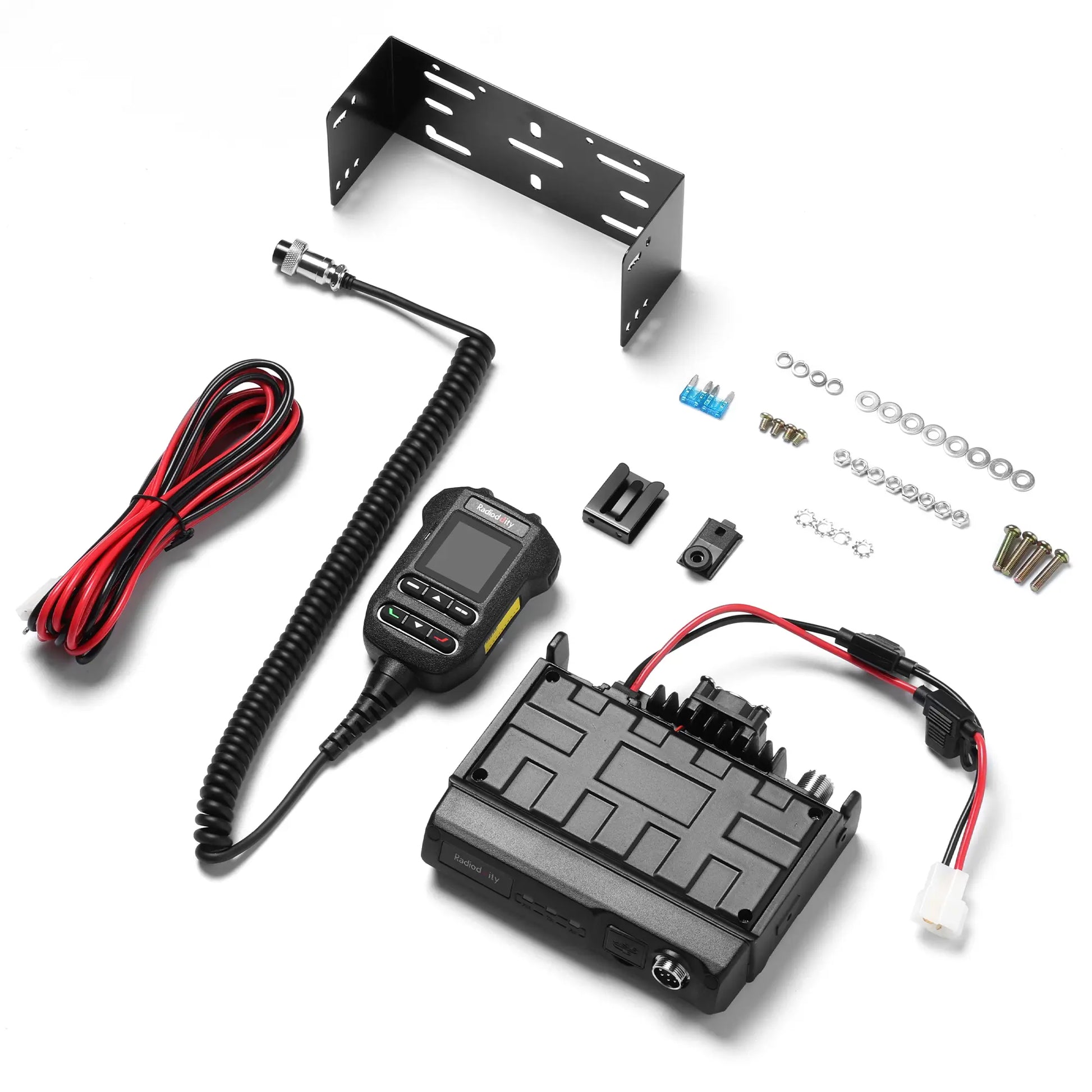 Collection of radio equipment components including a Radioddity DB50-B, antenna, and mounting bracket on a white background.