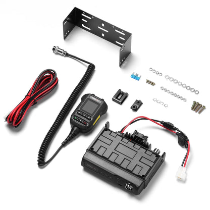 Collection of radio equipment components including a Radioddity DB50-B, antenna, and mounting bracket on a white background.