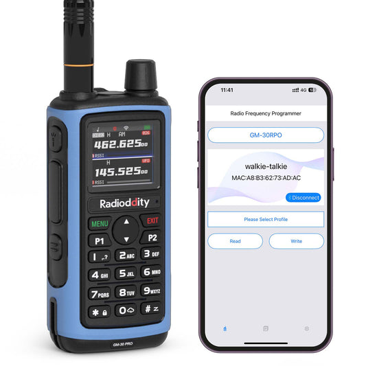 Radioddity GM-30 PRO GMRS Radio with smartphone displaying radio frequency programming app on a white background