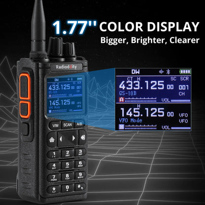 Radioddity GS-10B 10W Ham Radio | Multi-Band TX & RX | BT APP Programmable | Dual PTT | Color Display | USB-C - Radioddity