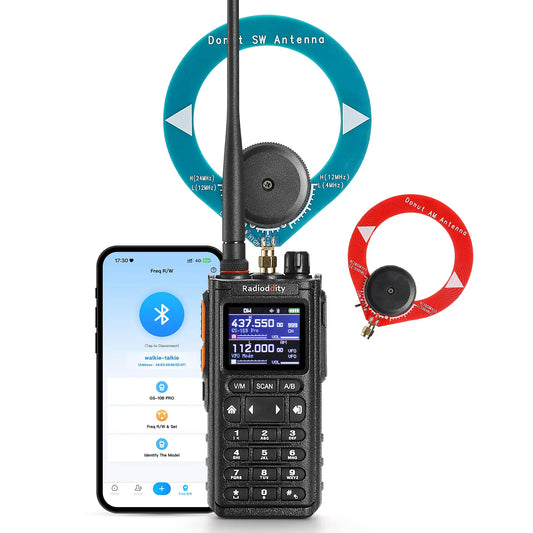 Radioddity GS-10B Pro 8W Amateurfunkgerät | Echtzeit-Spektrumanzeige | HF, SSB, CW, Flugfunk, CB-Funk | Programmierung über BT-App | 999 Kanäle | 2 Donut-Antennen