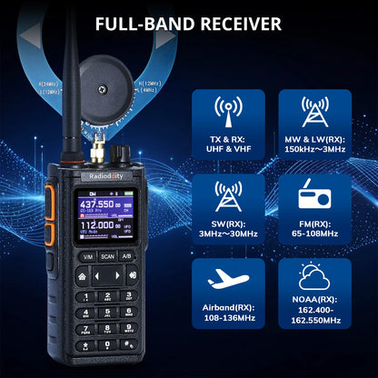 Radioddity GS-10B Pro 8W Amateurfunkgerät | Echtzeit-Spektrumanzeige | HF, SSB, CW, Flugfunk, CB-Funk | Programmierung über BT-App | 999 Kanäle | 2 Donut-Antennen