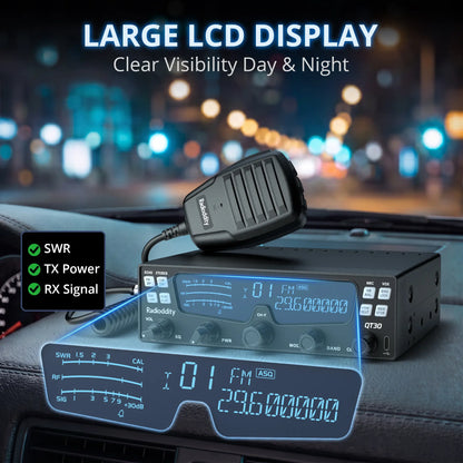 Radioddity QT30 10 Meter Radio | 30W SSB/AM/FM Mobile Transceiver | Large LCD | Built-in SWR Meter | Dual Noise Reduction & ASQ | Dual Watch | For Truck & Overland