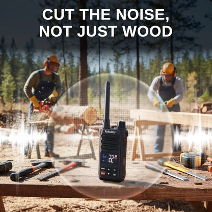 Two people working in a forest with a X1 walkie-talkie in the foreground and text 'Cut the noise, not just wood'.