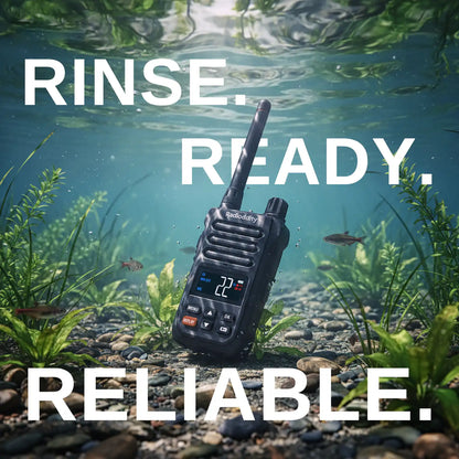X1 Walkie talkie underwater with text 'RINSE. READY. RELIABLE.'