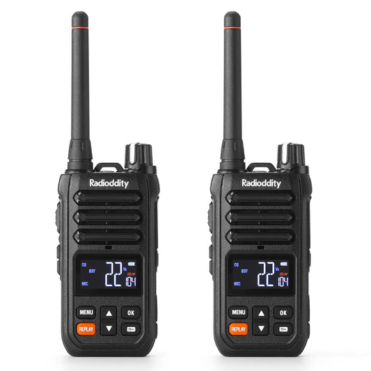 Two Radioddity X1 walkie-talkies on a white background