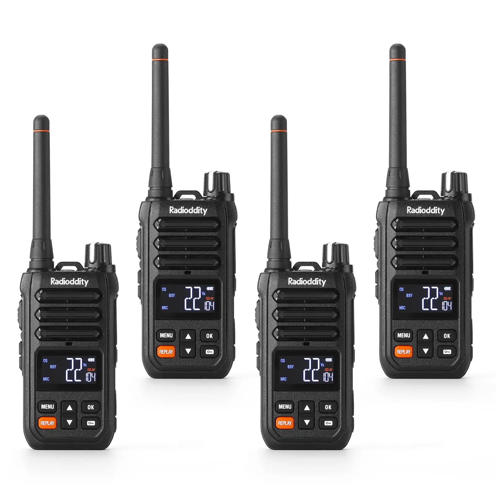 Four black Radioddity X1 walkie-talkies on a white background