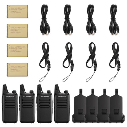 Set of T22 walkie-talkies with batteries and cables on a white background