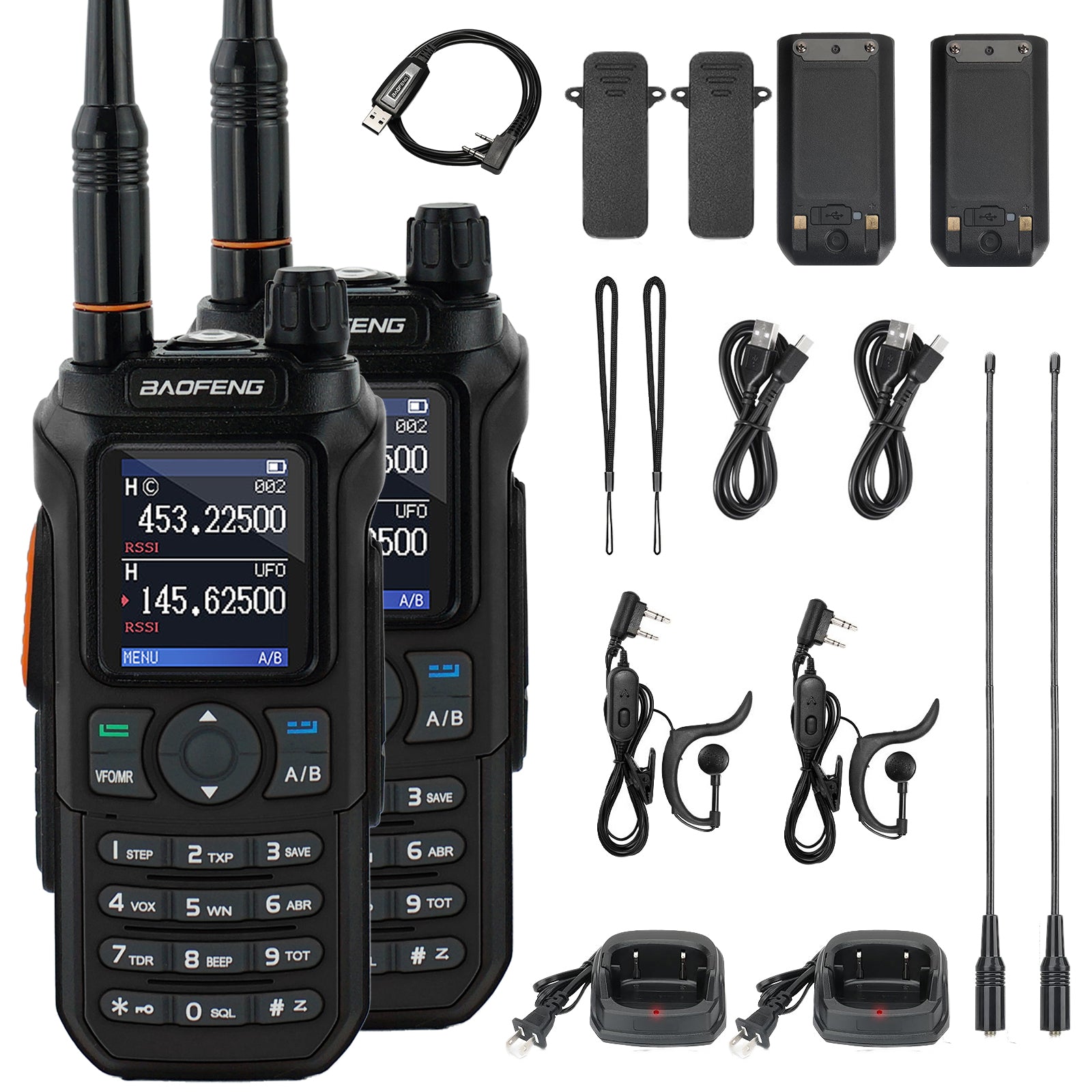 Two UV-21R walkie talkies with accessories on a white background