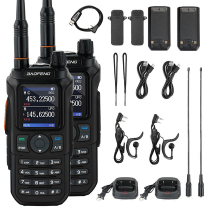 Two UV-21R walkie talkies with accessories on a white background