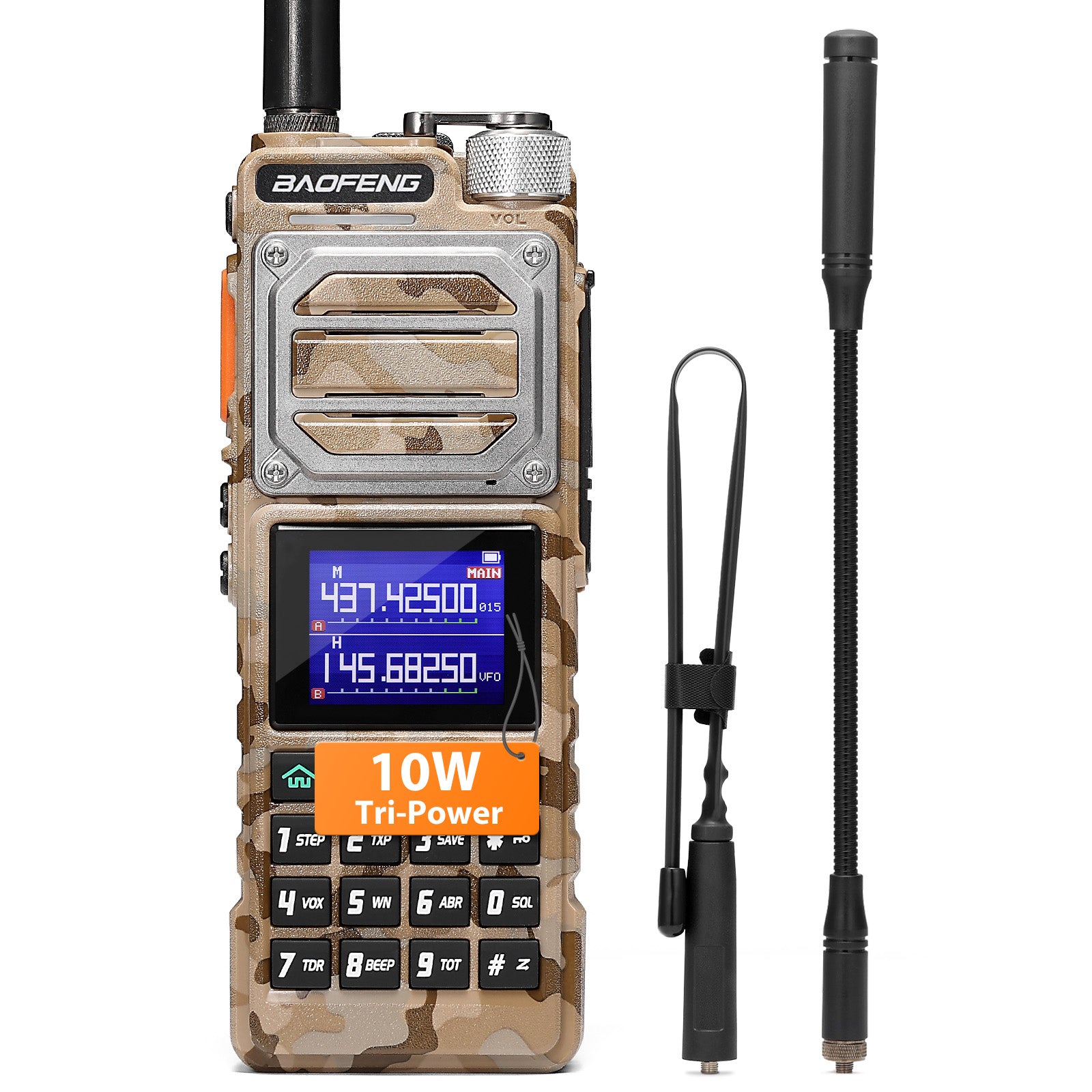 Front view of the desert yellow UV-25 Dual Band Radio