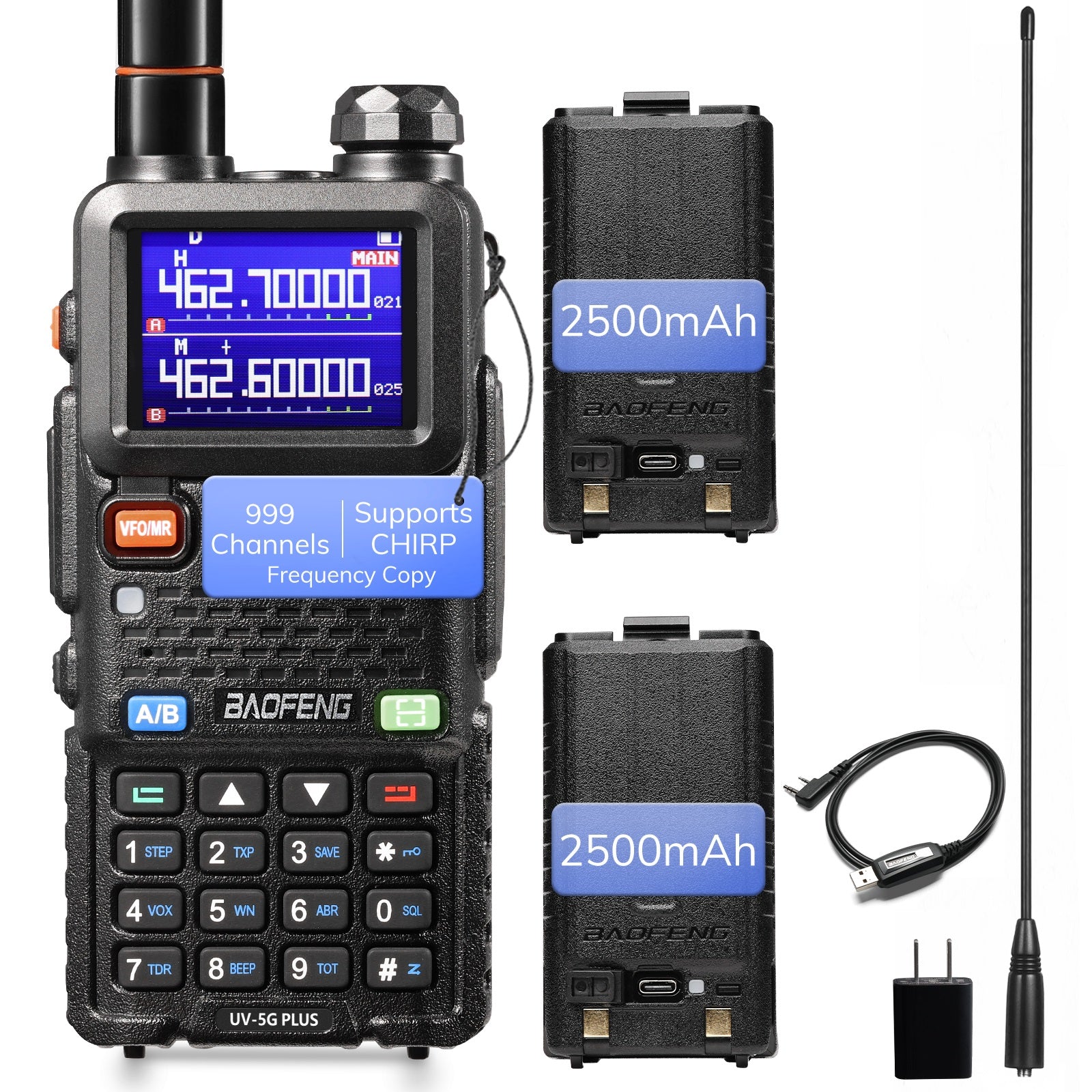 Baofeng UV-5G Plus GMRS Radio | 5W | 2500mAh USB-C Battery | Frequency Copy | 999 CH | NOAA | Support Chirp - Radioddity