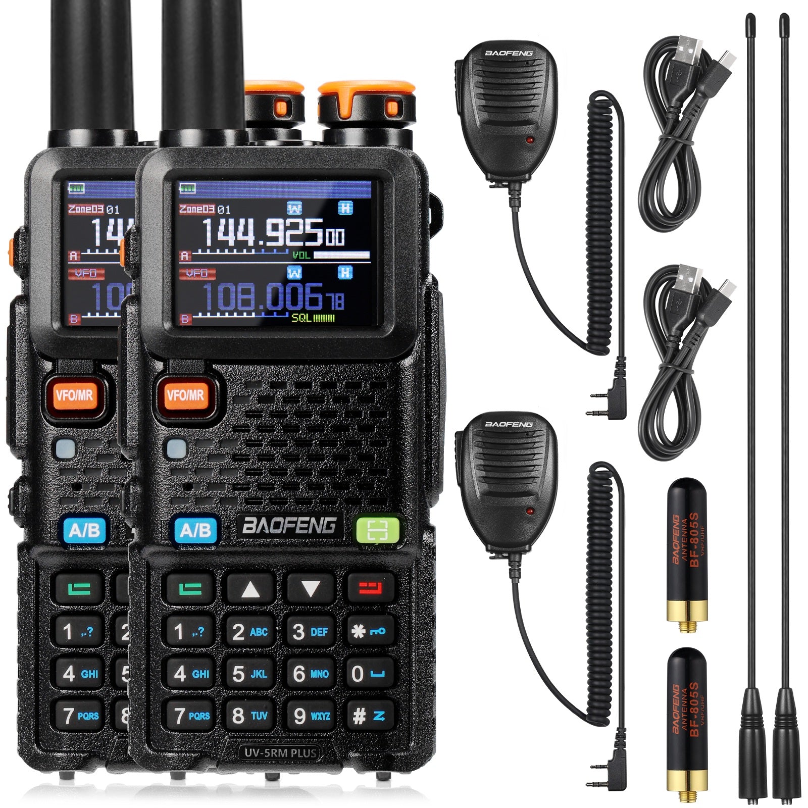 Baofeng UV-5RM Plus GPS Ham Radio Handheld | 10W | 1.77 Inch Color Screen | 640CH 10 Zones | NOAA | 2500mAh Type-C Rechargeable Battery | Group Talk - Radioddity