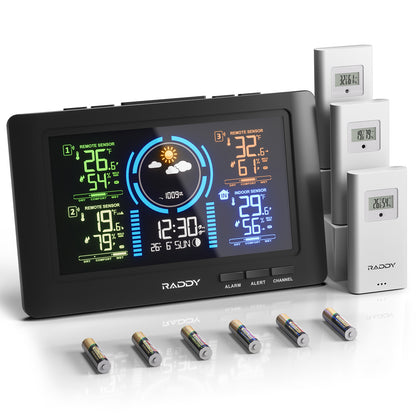 Raddy WF-80C Weather Station | 7.5'' Large Color Display | Adjustable Backlight | Atomic Clock | 3 Outdoor Sensors