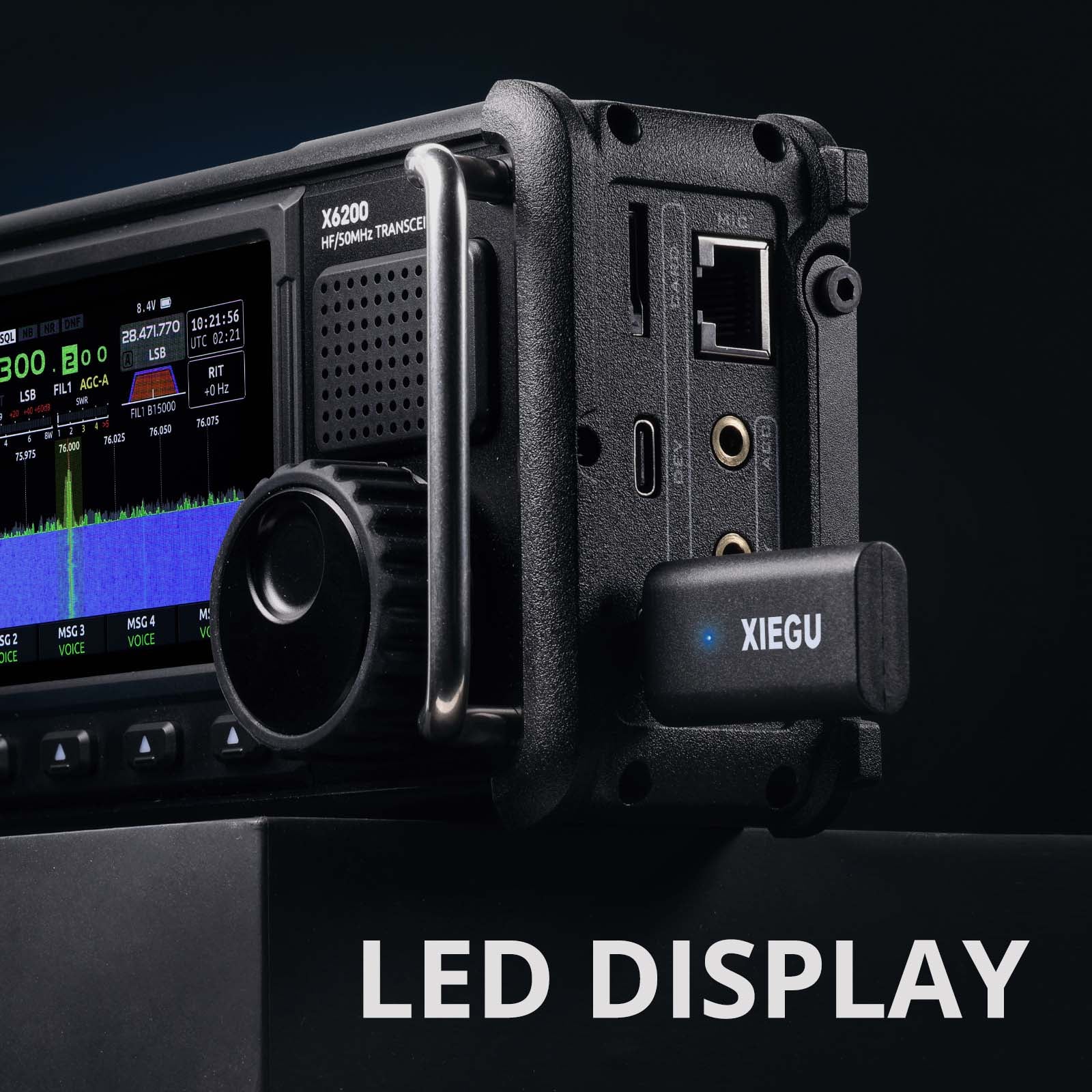 Black radio transceiver with LED display and XIEGU branding on a black background