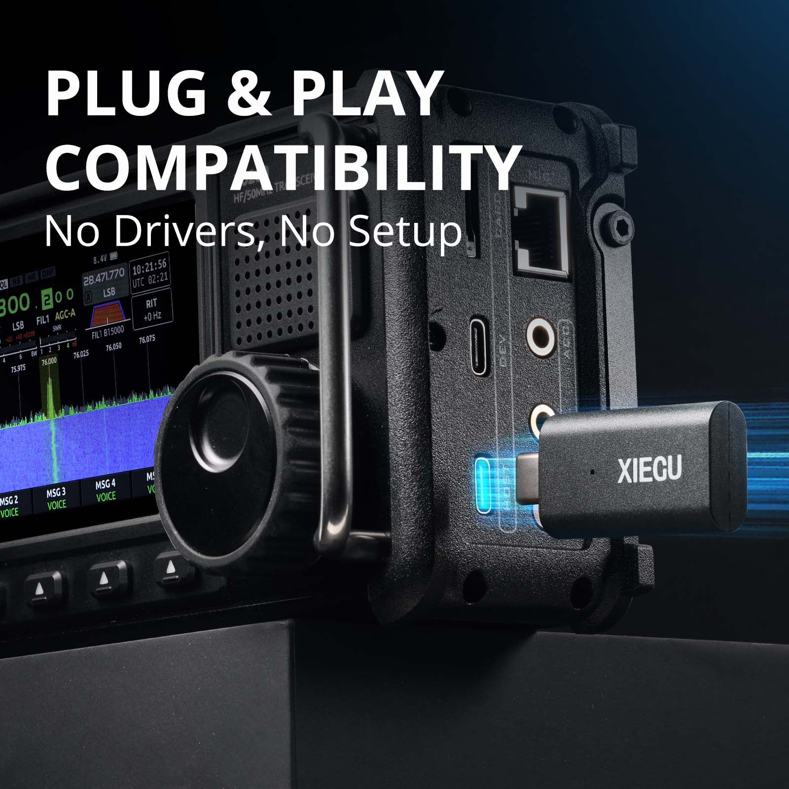 XIEGU electronic device with 'Plug & Play Compatibility' text on a dark background