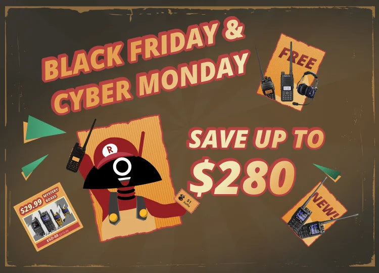 Black Friday and Cyber Monday sale advertisement with cartoon superhero and radio equipment on a brown background.