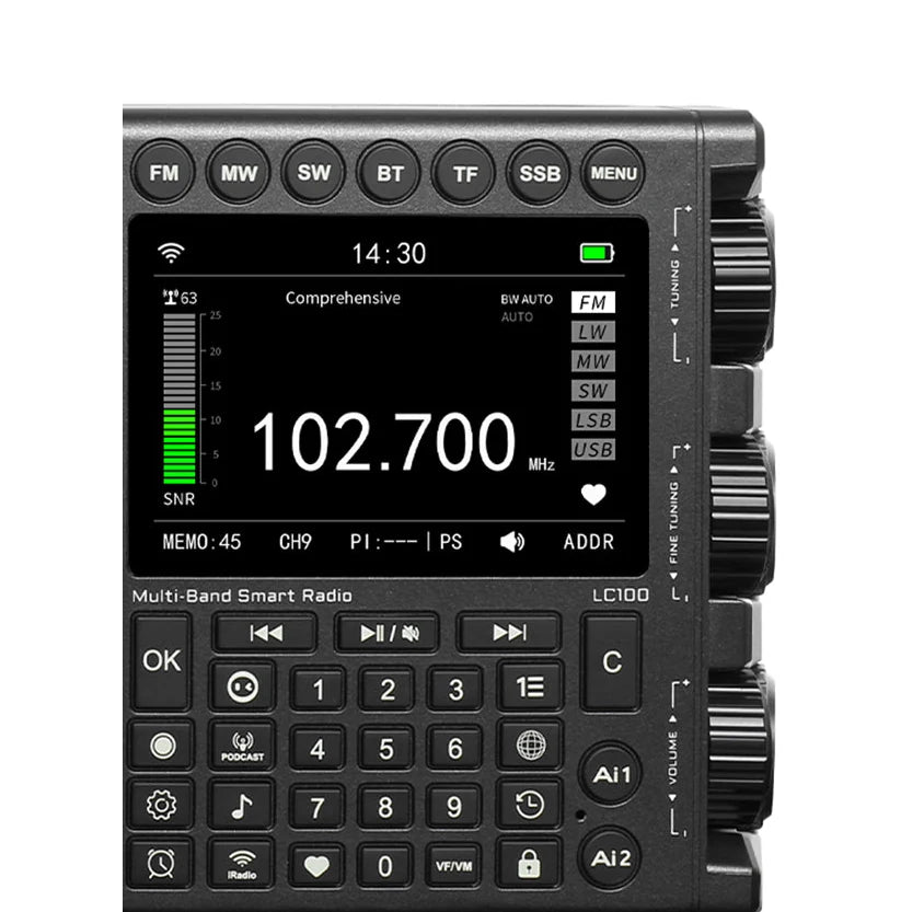 Close-up of the black CHOYONG LC100 display, numeric keypad and tuning controls